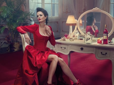 Eva Green - red, mirror, actress, eva green, add, campari, girl, dress, commercial, woman