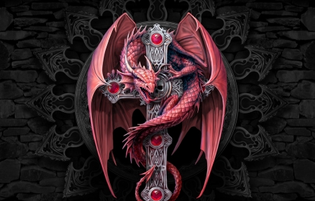 Dragon - anne stokes, fantasy, pink, black, dragon, luminos, cross, art