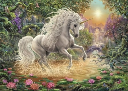 Unicorn - fantasy, white, unicorn, flower, pink, luminos