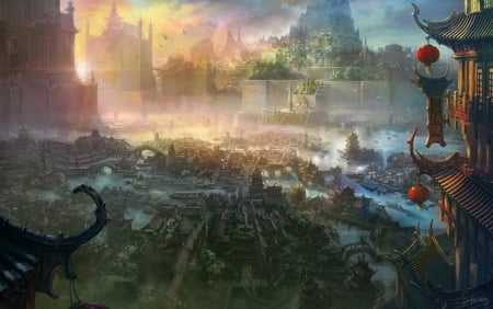 City - art, luminos, city, li shuxing, asian, fantasy