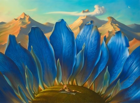 Metamorphosis - abstract, vladimir kush, yellow, blue, flower, eve, adam, painting, couple, art, luminos