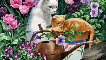 cats-cat-pet-flowers-animal-feline-artwork-garden-art-painting-grumpy-wallpaper-iphone - deutschland, cats, kanne, vase, freunde