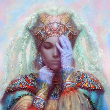 Lady of gems - white, portrait, fantasy, luminos, girl, glove, eva soulu, art