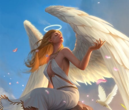 Angel - angel, girl, wings, luminso, fantasy, wind, white, iqnatius budi, art, blue, blonde