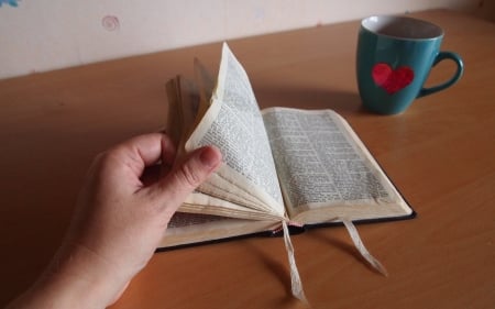 Bible and Heart - table, hand, cup, Bible