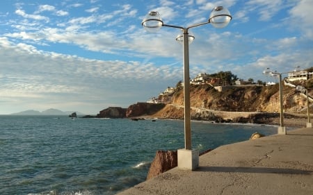 Promenade in Mexico - mexico, promenade, ocean, lanterns, coast