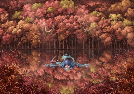 Mermaid - autumn, lake, nagi, girl, water, bird, pasari, siren, mermaid, anime, orange, toamna, manga