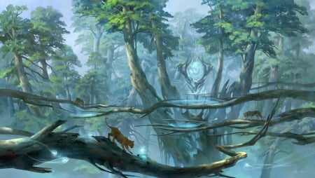 Portal - zhong wenhao, tiger, blue, fantasy, tree, luminos, portal, tigru, jungle