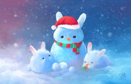 Snow bunnies - blue, snow, bunny, christmas, santa, fantasy, white, craciun, red, iarna, cute, luminos, shellz