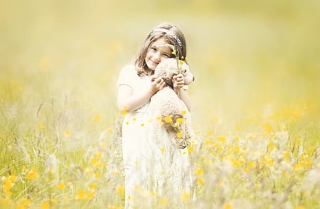 Little Girl - Girl, Summer, Teddy bear, Joy