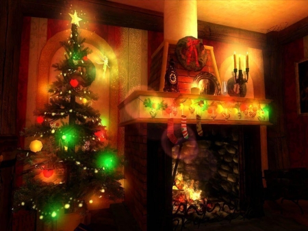 christmas night - night, fireplace, tree, christmas