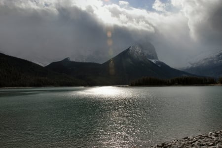 Light from Heaven on Upper Kananaskis - upper kananaskis lake, light breaking, east shore, clouds