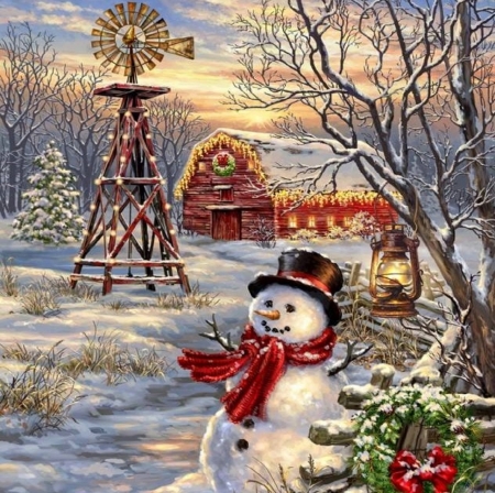 Christmas Windmill - snowman, xmas and new year, christmas, wreathes, christmas tree, love four seasons, holidays, lantern, snow, paintings, windmill, farms