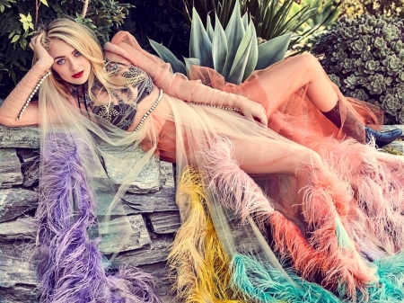 Dakota Fanning - dakota, actress, feathers, 2018, wallpaper, boots, model, beautiful, fanning, dakota fanning, dress