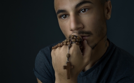 Young Man with Rosary - rosary, cross, hand, man