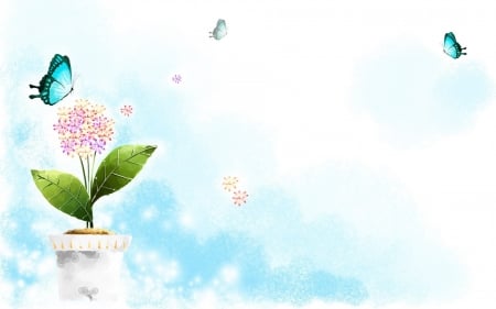 * - Butterfly, Pot, Flowers, Sky