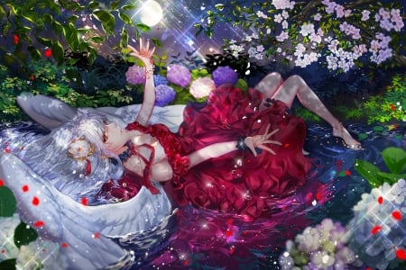 Angel - moon, girl, angel, water, wings, frumusete, fantasy, pink, luminos, anime, luna, flower, dress, manga