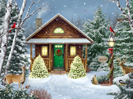 Christmas Cabins - xmas and new year, winter, christmas trees, cabins, deer, christmas, nature, cardinals, love four seasons, holidays, snow, paintings