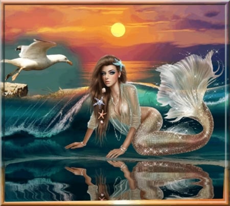 MERMAID - SUNSET, WAVES, FEMALE, REFLECTION, MERMAID, OCEAN, BIRD