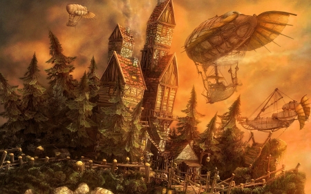 Aircraft - art, steampunk, tower, buildings, airships