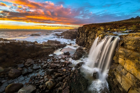 Amazing Seaside Rock Cliff Waterfall - Nature, Clouds, Cliffs, Rocks, Sunsets, Waterfalls, Oceans, Beaches, Sea