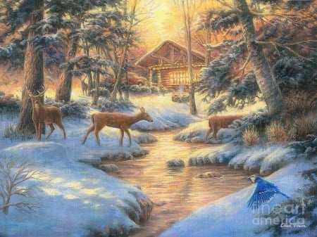 Drifting Through - winter, rivers, paintings, snow, holidays, xmas and new year, forests, nature, deer, cabins, villages, Christmas, love four seasons