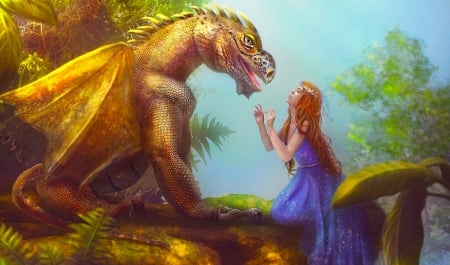 Girl and Dragon Friendship - digital, wallpaper, fantasy, pretty, dragon, girl, woman, art