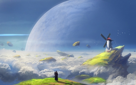 Fantasy world - denis loebner, blue, planet, man, fantasy, world, green, art, windmill, luminos