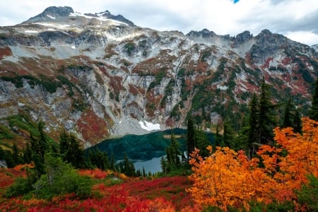 landscape with mountain and lake in autumn - fall, beautiful, autumn, view, lake, mountain, rocks