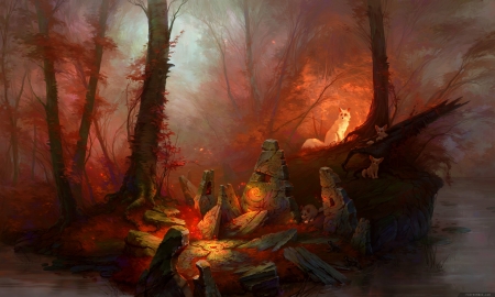 Red magic forest - stone, vulpe, fox, forest, orange, fantasy, alina ivanchenko, art, luminos