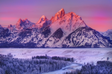 Grand Tetons, Wyoming - river, ice, winter, sunset, snow