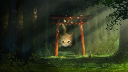 :-) - red, temple, cat, anime, pisici, girl, manga, volvox819, green