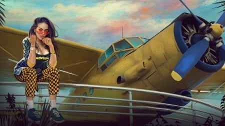 :-) - airplane, fantasy, yellow, kaloyan stoyanov, blue, girl, art