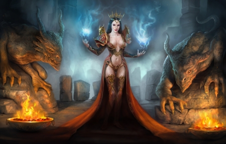 Demon queen - fantasy, demoness, blue, girl, orange, demon, luminos