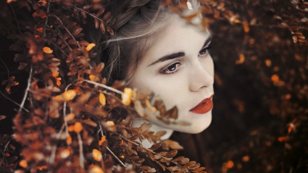 Beauty - woman, autumn, model, girl, face, leaf