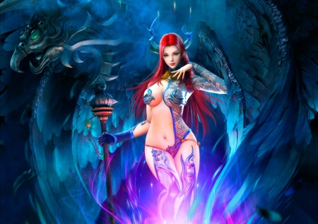 Fantasy girl - demon, fantasy, pink, luminos, frumusete, redhead, blue, horns