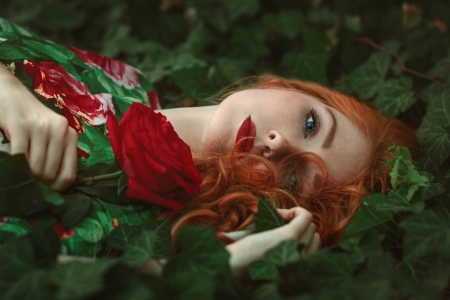 Beauty - girl, flower, ivy, redhead, red, green, woman, model, rose