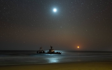 Shipwreck at Moonset - space, moon, fun, nature, ocean, cool