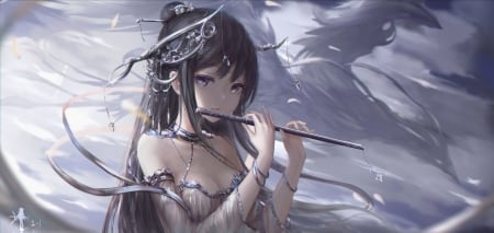 Dragon's song - anime, girl, horns, manga, fantasy, dragon, hc, flute, art, demon