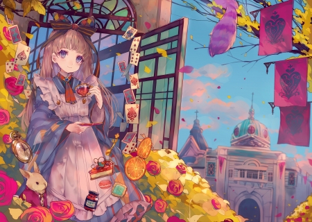 Alice - girl, alice, yellow, pink, blue, card, anime, cha gona, flower, manga