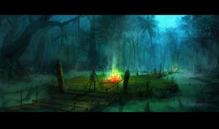 Zombie land - night, fire, fantasy, art, luminos, jungle, blue, green, zombue, wonhee jung, land