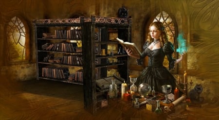 Laboratory - woman, witch, art, pretty, girl, digital, fantasy