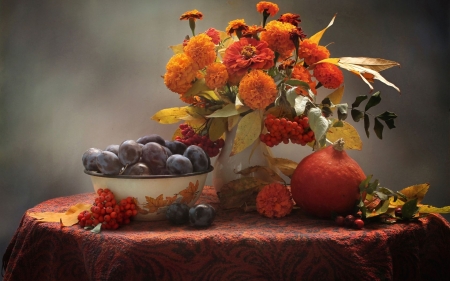 Still life with flowers - Pumpkin, Palms, Fruits, Flowers