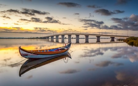 Aveiro Lagoon in Portugal - portugal, calm, reflection, lagoon, bridge, boat