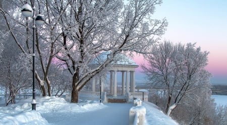 Winter park - winter, beautiful, gazebo, snow, frost, walk, park, rest