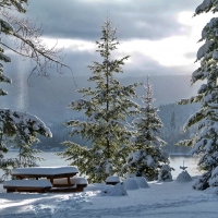 Landscape with mountain and lake in winter