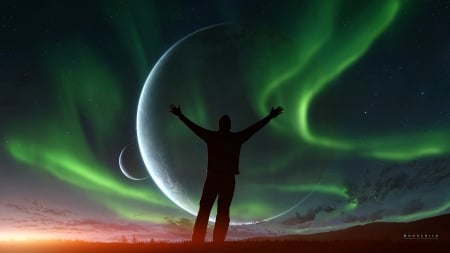 :-) - moon, planet, silhouette, man, gabriel gajdos, black, fantasy, aurora, green, luminos, luna