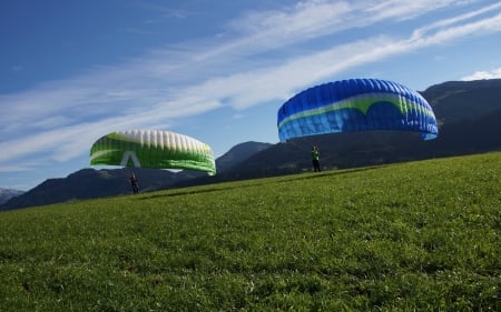 Paragliders at Start - paragliders, meadow, mountain, paragliding