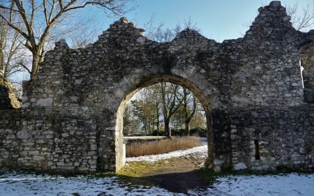 Gate in First Snow - snow, gate, ruins, wall