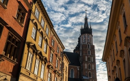 Mary's Church in Krakow, Poland - street, Poland, church, houses, Krakow